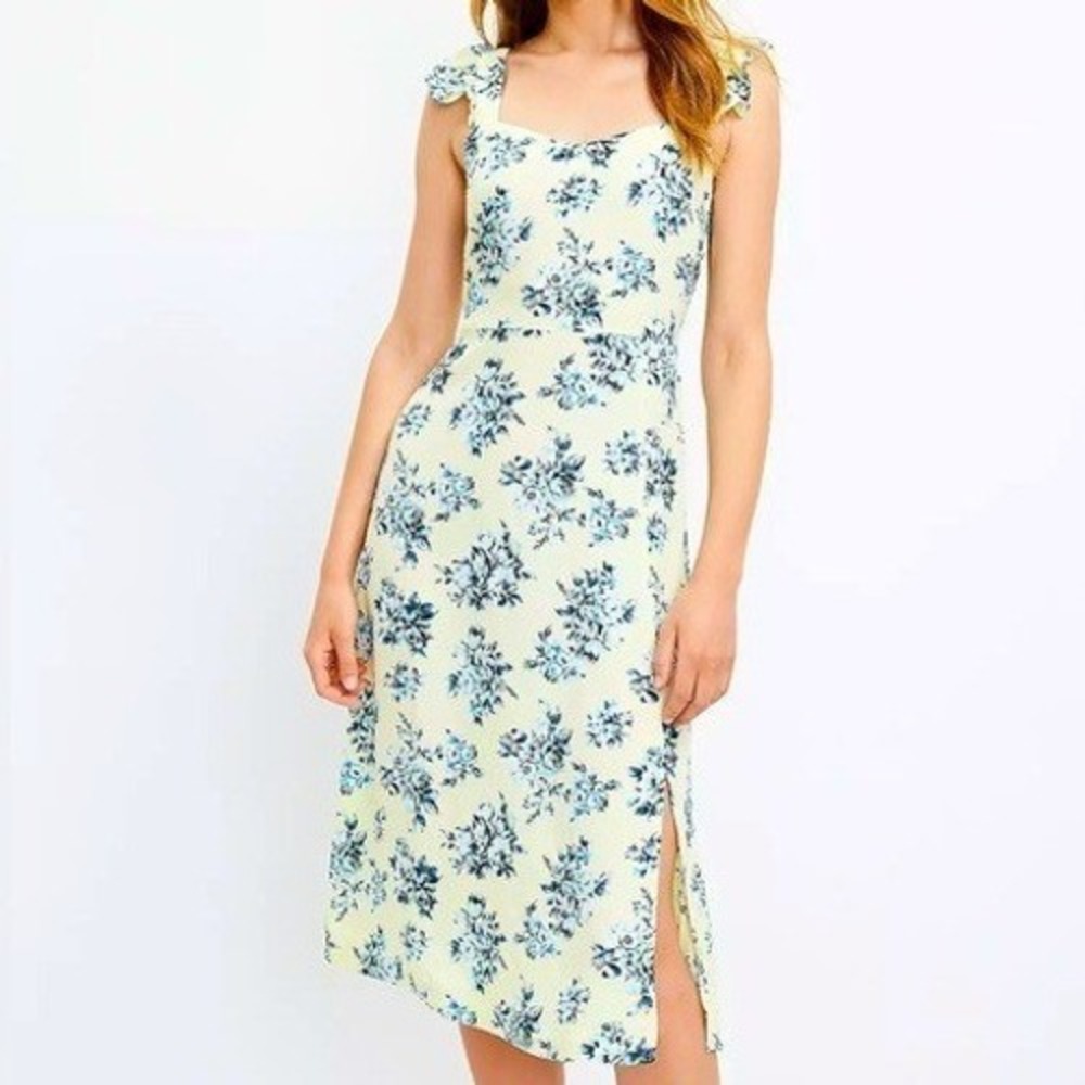 Loft Women's Butter Yellow Blue Floral Print Midi Dress Ruffle Straps Sz 8 Slit